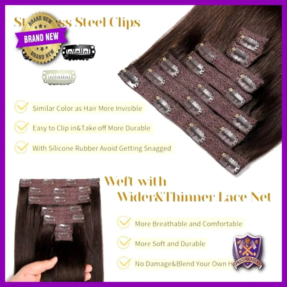 20 Inch Clip-In Human Hair Extensions, 7pc Set for Volume & Length